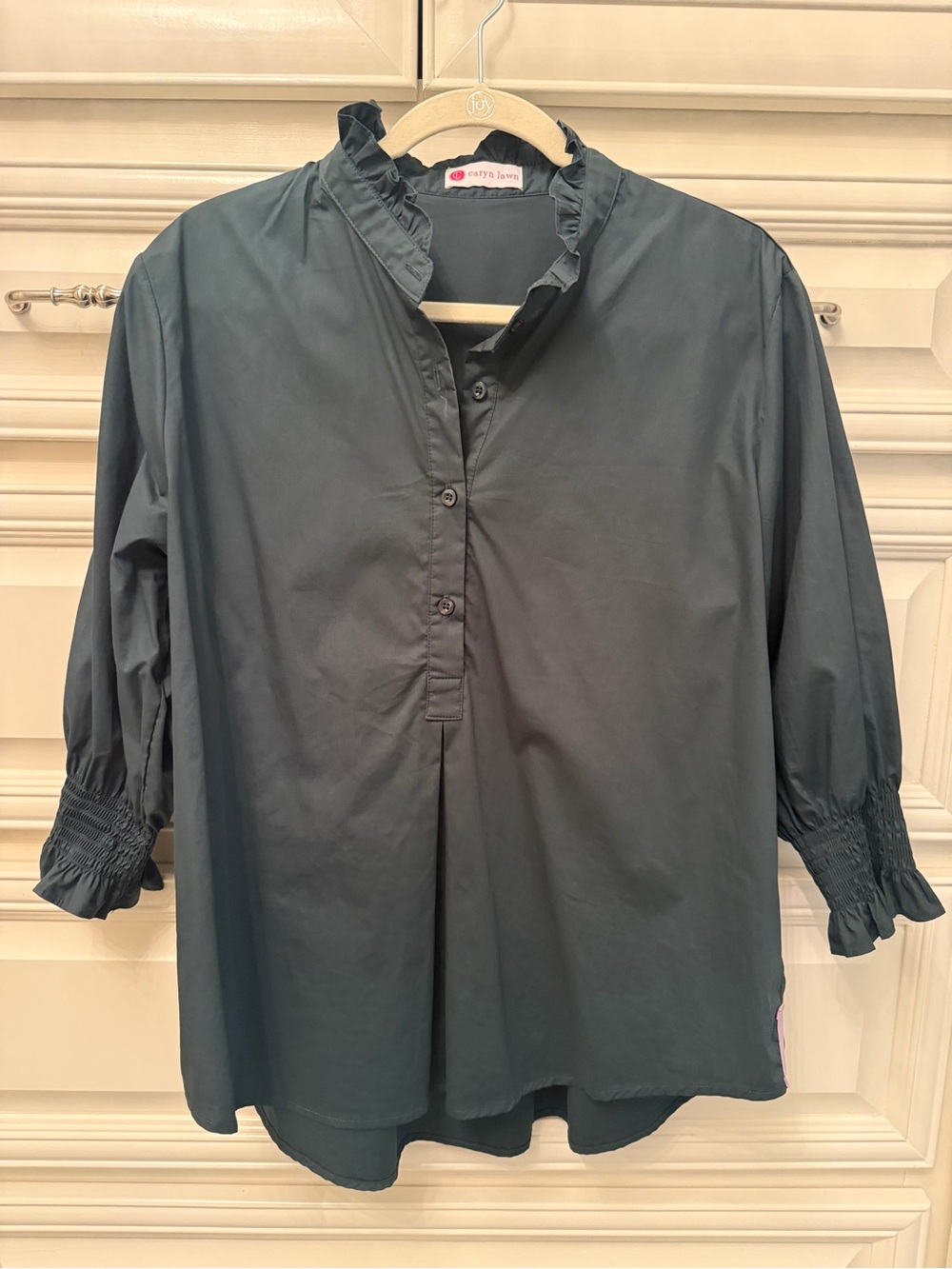 CARYN LAWN Casual Ruffle-Neck Dark Green Button Front Blouse